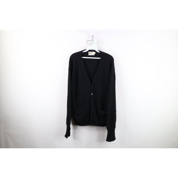 Vintage 50s Streetwear Mens Large Blank Knit Button Cardigan Sweater Black USA